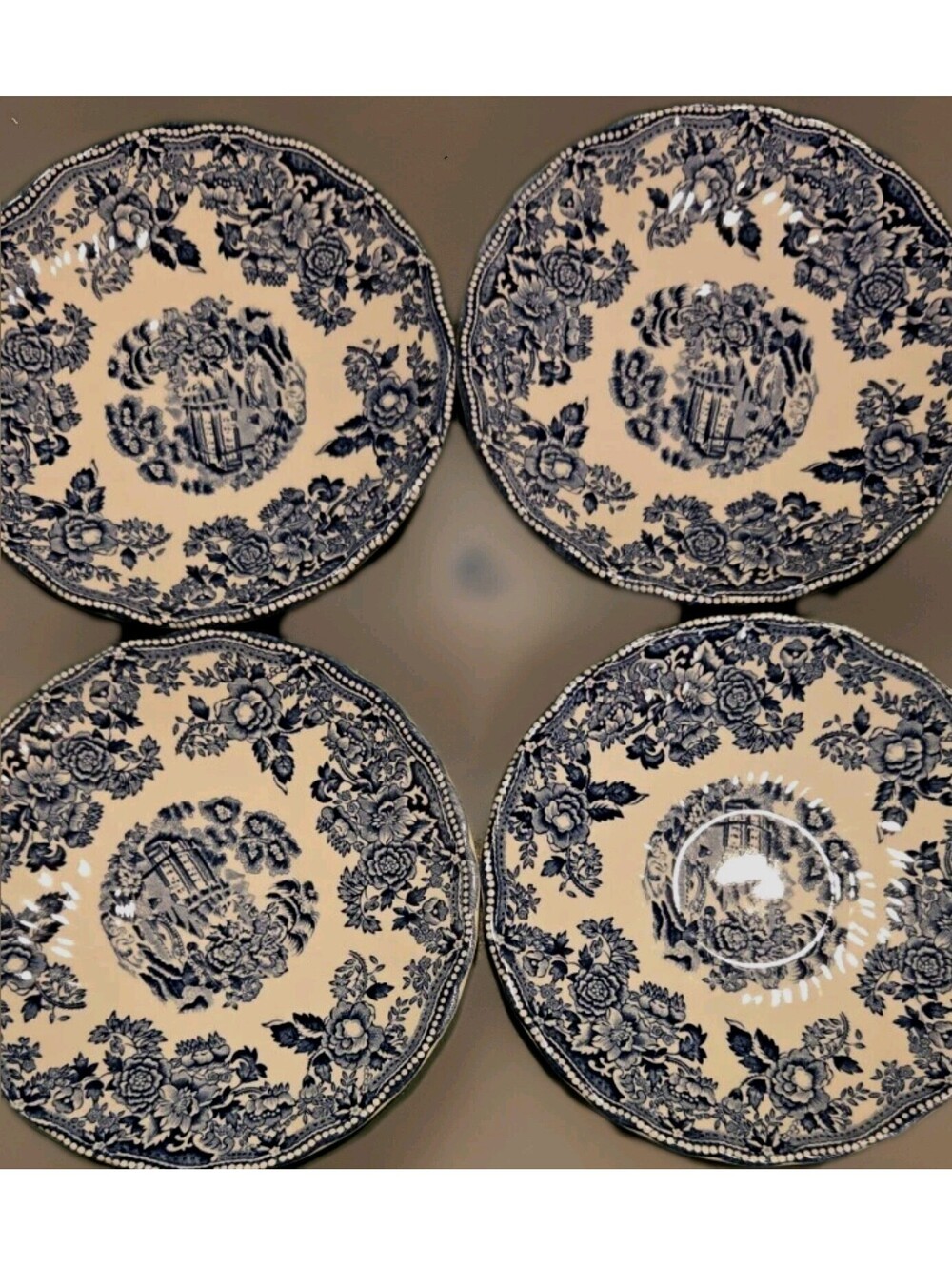 4 Made In England Blue And White Coffee Cup Saucers 5.5" Scalloped Edge
